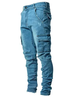 KELYWELL Men's Side Pocket Pencil Jeans Skinny Casual Hip Hop Denim Pants Angled Cargo Trousers Joggers Jean (36,Dark Blue)