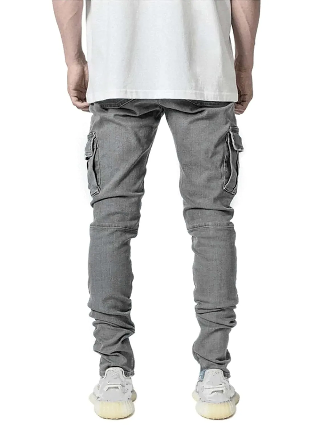 KELYWELL Men's Side Pocket Pencil Jeans Skinny Casual Hip Hop Denim Pants Angled Cargo Trousers Joggers Jean (36,Grey)