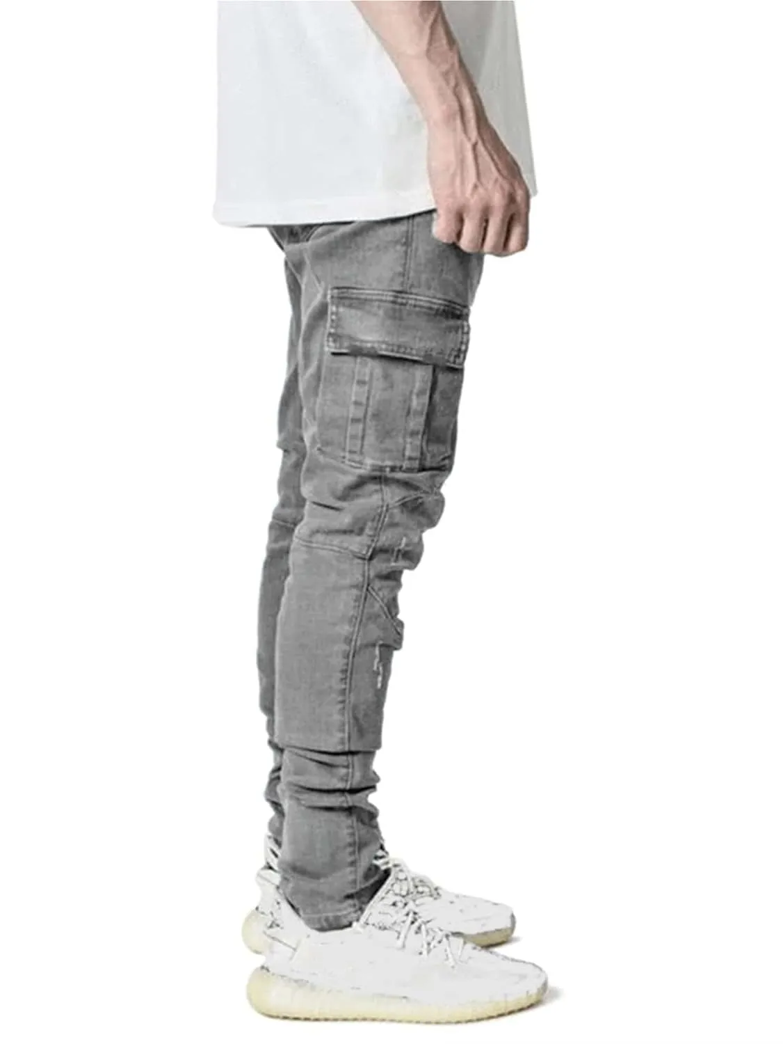KELYWELL Men's Side Pocket Pencil Jeans Skinny Casual Hip Hop Denim Pants Angled Cargo Trousers Joggers Jean (36,Grey)