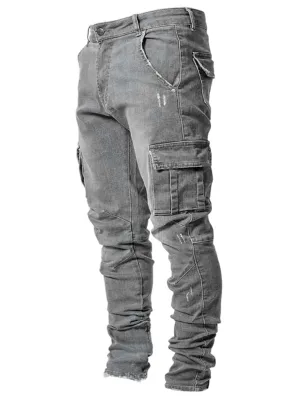 KELYWELL Men's Side Pocket Pencil Jeans Skinny Casual Hip Hop Denim Pants Angled Cargo Trousers Joggers Jean (36,Grey)