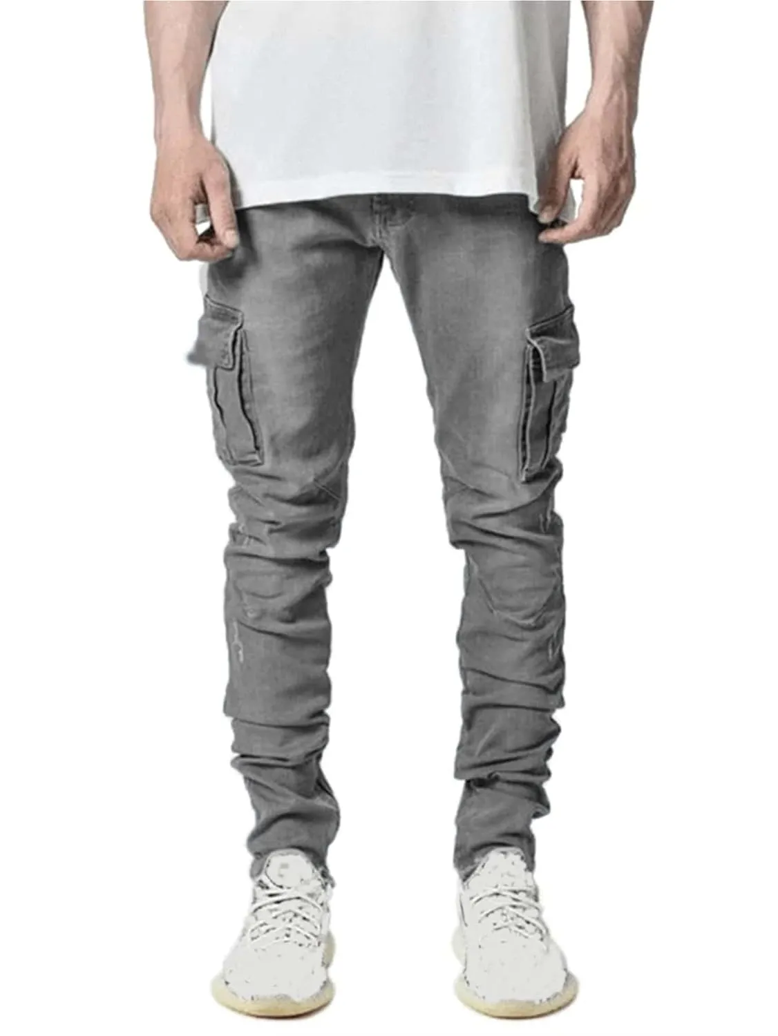 KELYWELL Men's Side Pocket Pencil Jeans Skinny Casual Hip Hop Denim Pants Angled Cargo Trousers Joggers Jean (36,Grey)