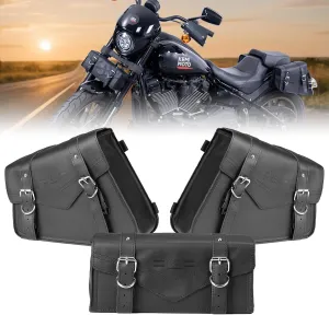 KEMIMOTO Genuine Leather Motorcycle Saddle Bags & Fork Handlebar Tool Pouch Panniers Side Bag Universal Motorcycle Compatible with Sportster Softail Dyna Shadow Vulcan Left Right
