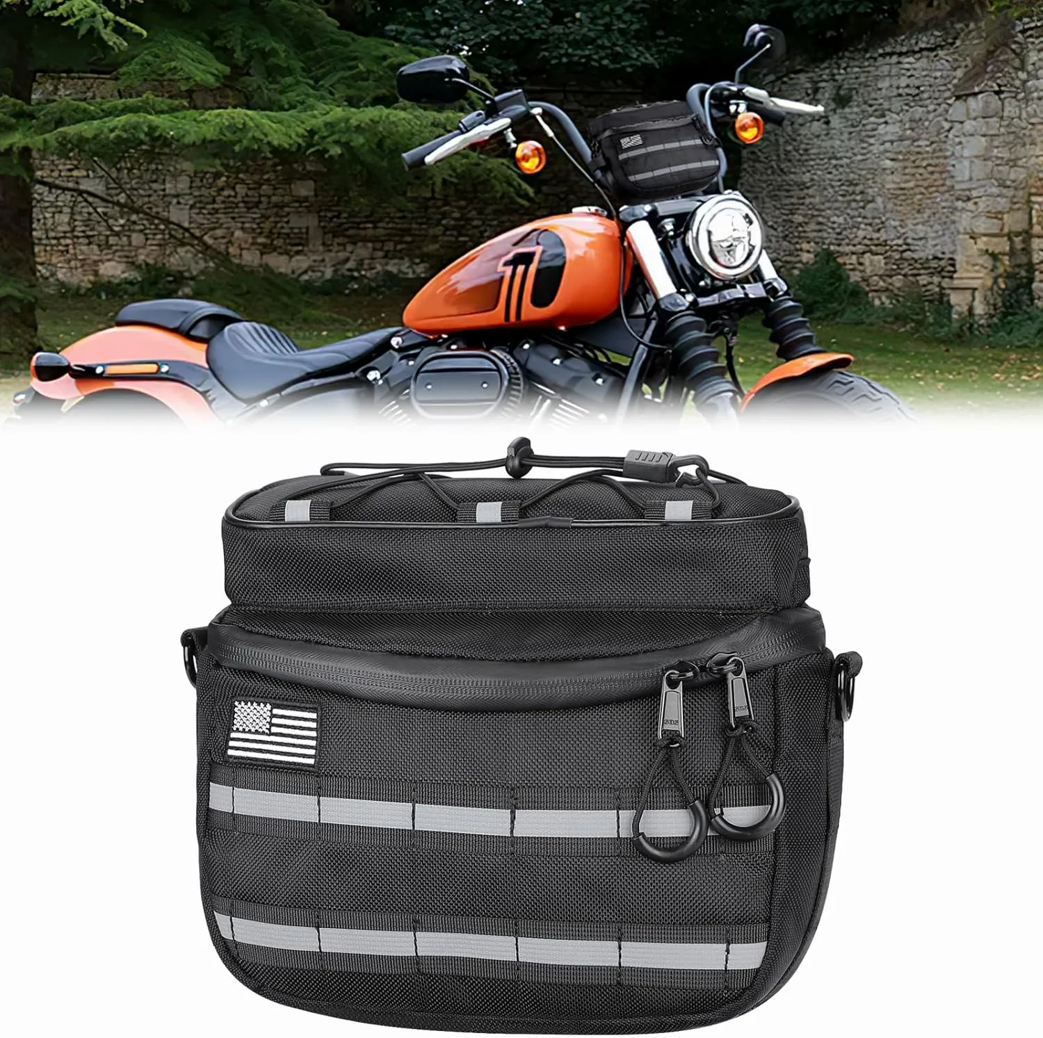 KEMIMOTO Motorcycle Handlebar Tool Bag with Reflective Strips 2.5L Bicycle Handle Bar Bag Sissy Bar Front Fork Storage Pouch Compatible with Cruiser Softail Dyna Sportsters