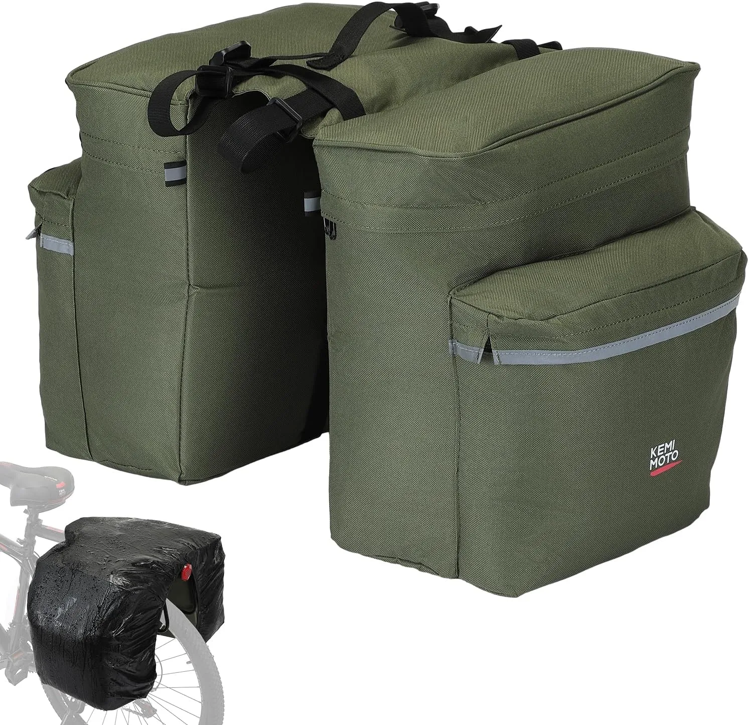 KEMIMOTO Portable Bike Pannier Bag, 34L Large Capacity Water Resistant Bicycle Trunk Bag with Reflective Trim, Bike Rear Seat Saddle Bag for Grocery Shopping Commuter Long Cycling Trip (Green)