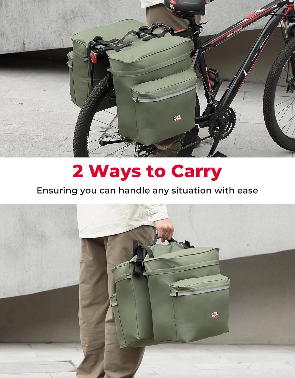 KEMIMOTO Portable Bike Pannier Bag, 34L Large Capacity Water Resistant Bicycle Trunk Bag with Reflective Trim, Bike Rear Seat Saddle Bag for Grocery Shopping Commuter Long Cycling Trip (Green)