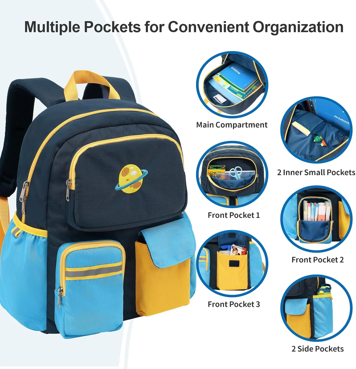 Kids Backpack Boys - 15 Inch Preschool Kindergarten Bookbag for Children 3 to 8, Lightweight School Bags for Elementary 1st 2nd Grade Kids Travel Backpack with Chest Strap, Dark Blue Planet