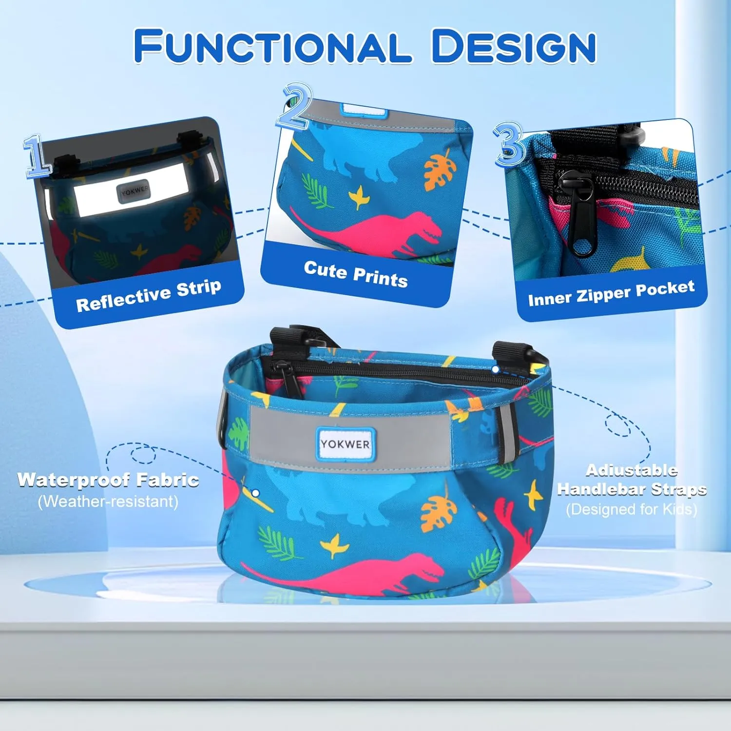 Kids Bike Basket Front for Boys Girls, Waterproof Bicycle Front Basket Handlebar Bag with Reflective Safety Straps, Easy to Install Kids Bike Scooter Accessories