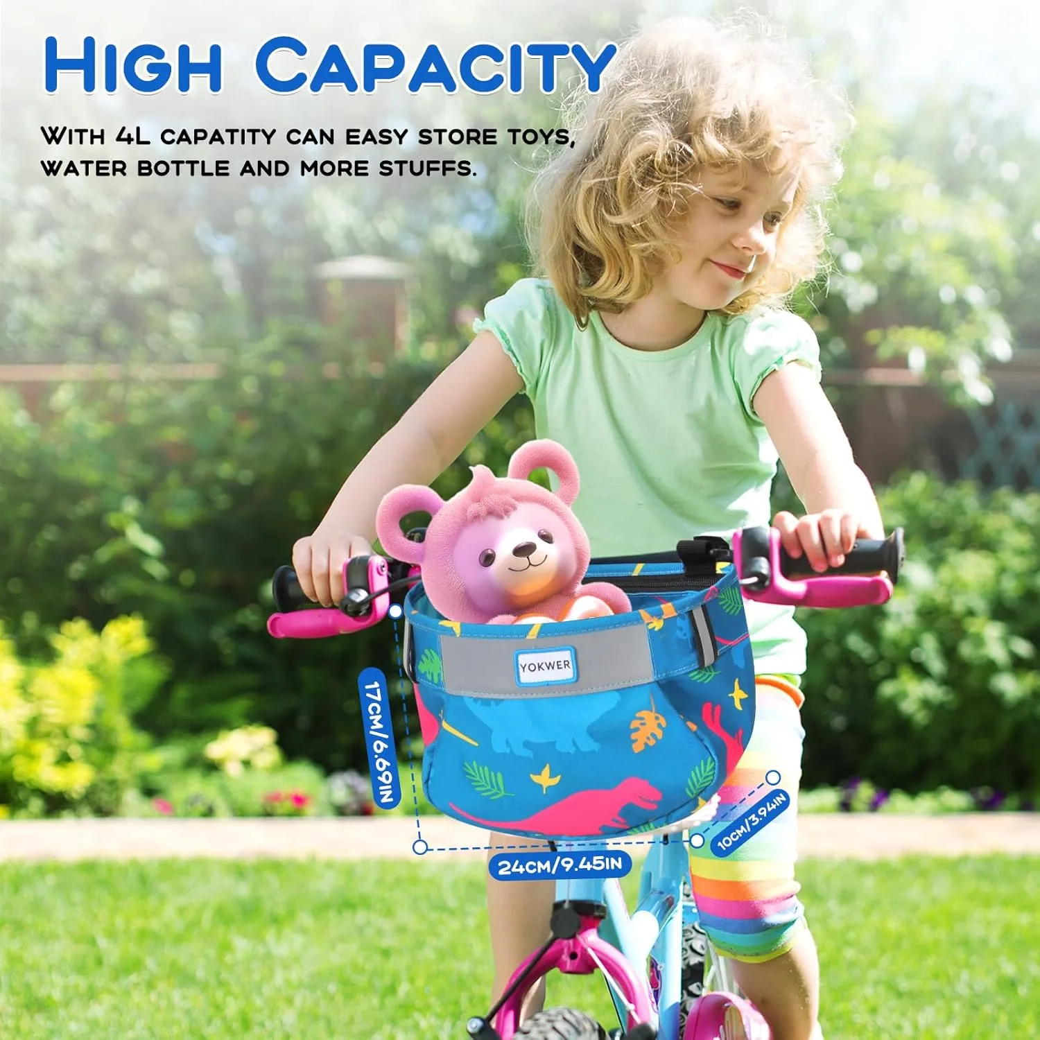 Kids Bike Basket Front for Boys Girls, Waterproof Bicycle Front Basket Handlebar Bag with Reflective Safety Straps, Easy to Install Kids Bike Scooter Accessories