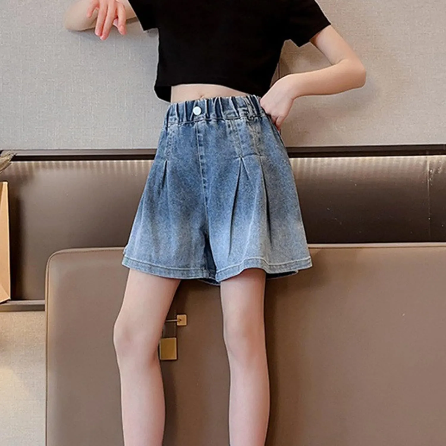 Kids Girls Denim Summer Shorts Gradient Ruffle Jean Toddler High Waist Elastic Waistband Wide Leg Jeans Denim Shorts
