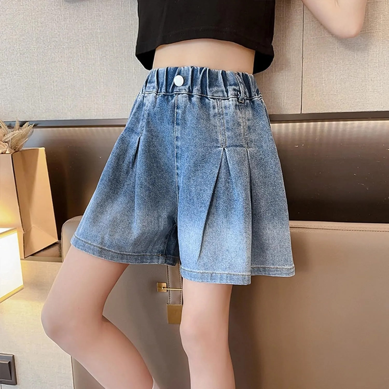 Kids Girls Denim Summer Shorts Gradient Ruffle Jean Toddler High Waist Elastic Waistband Wide Leg Jeans Denim Shorts