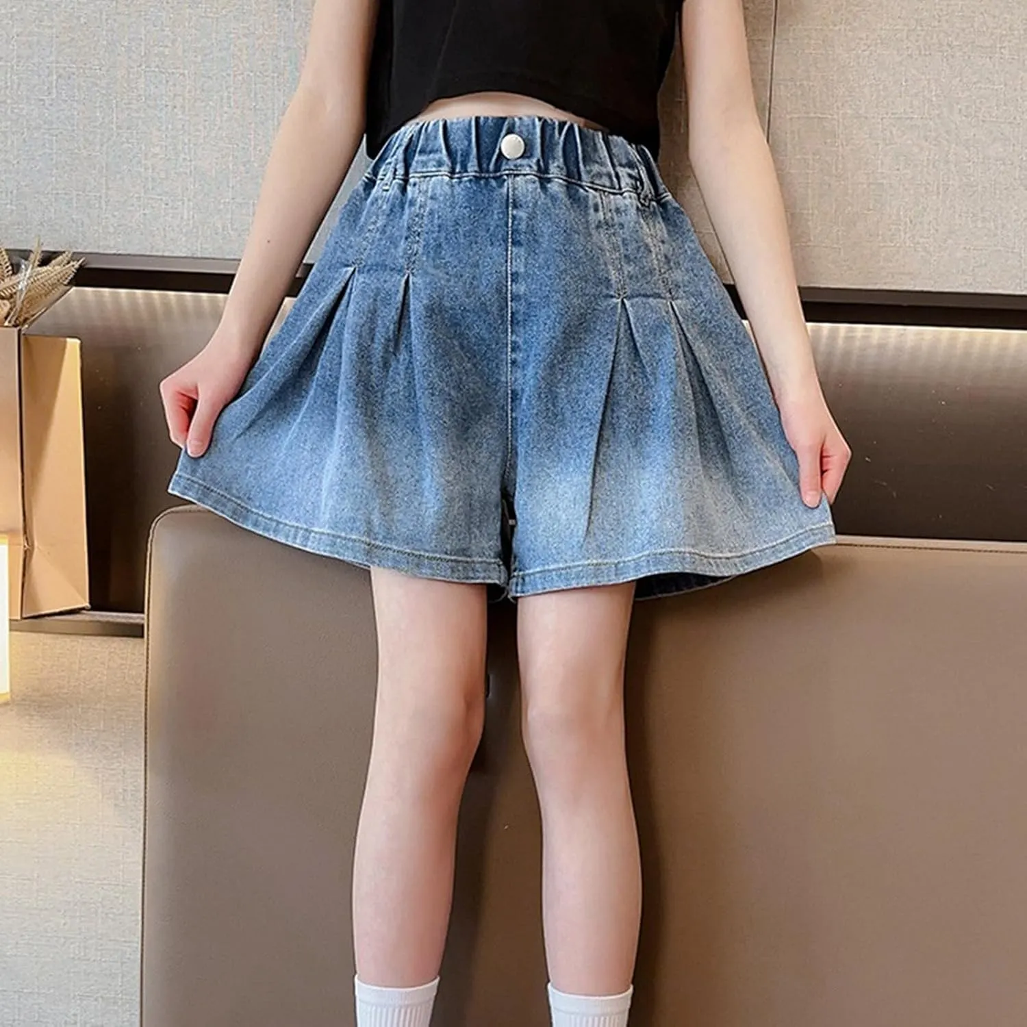 Kids Girls Denim Summer Shorts Gradient Ruffle Jean Toddler High Waist Elastic Waistband Wide Leg Jeans Denim Shorts
