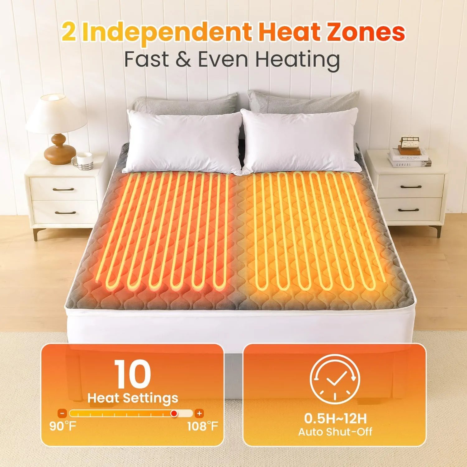 King Heated Mattress Pad Dual Control, Bed Warmer with 10 Heat Setting, Auto Shut Off Timer, Deep Pocket Electric Mattress Pad with Zipper, ETL Certified, Machine Washable, 78" x 80", Grey