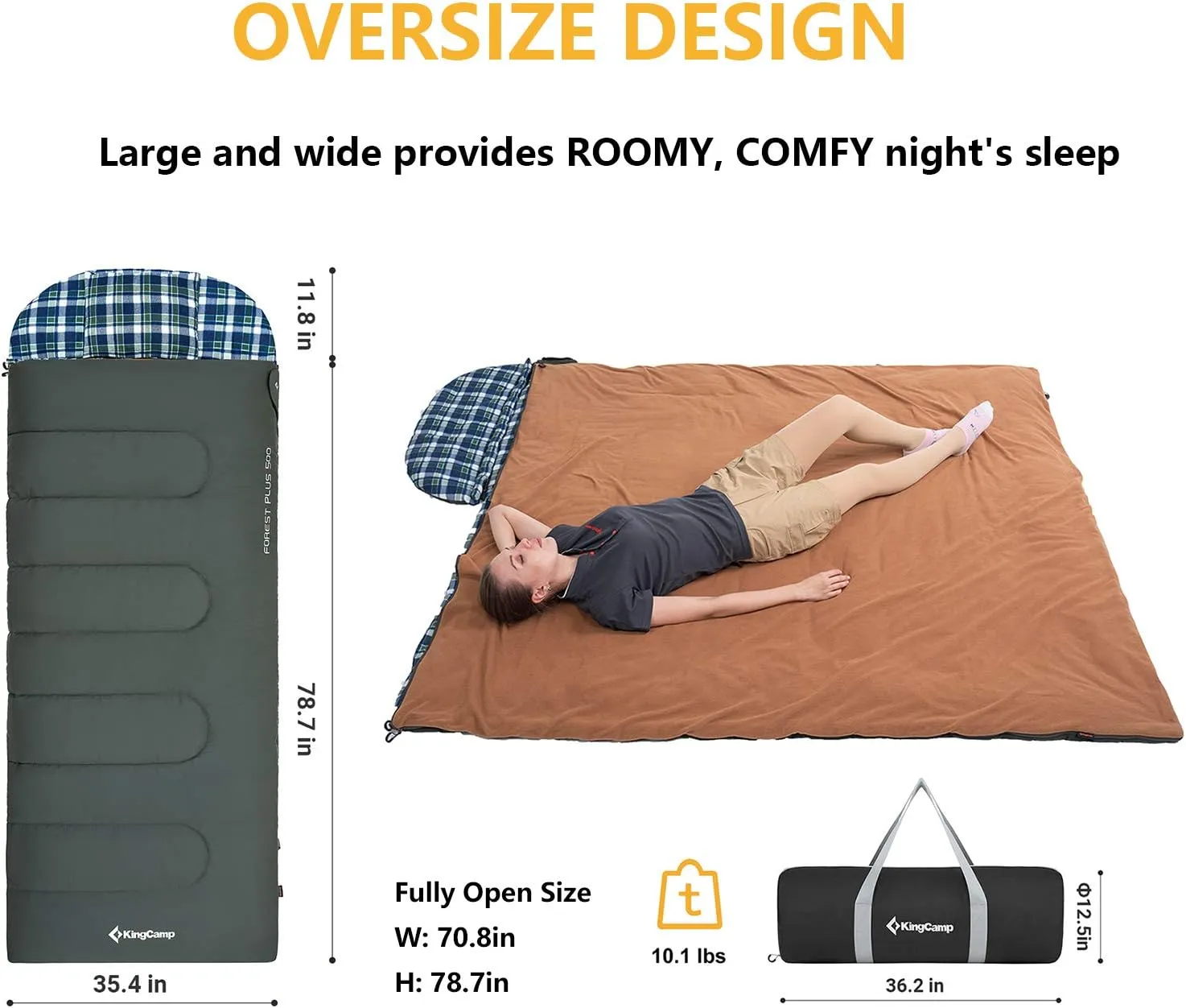 KingCamp 3-in-1 Sleeping Bag for Adults Cold & Warm Weather, XL Size for Big & Tall Individuals, Waterproof, Flannel Lining, Extra Length-Ideal for Camping & Backpacking