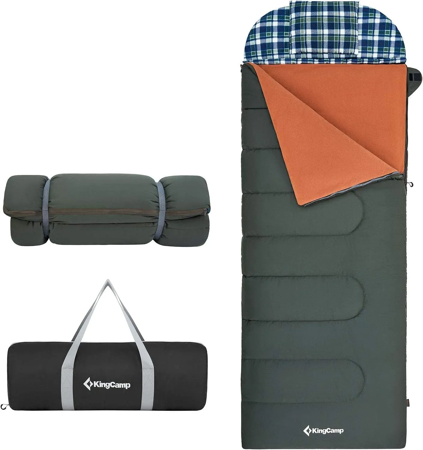 KingCamp 3-in-1 Sleeping Bag for Adults Cold & Warm Weather, XL Size for Big & Tall Individuals, Waterproof, Flannel Lining, Extra Length-Ideal for Camping & Backpacking