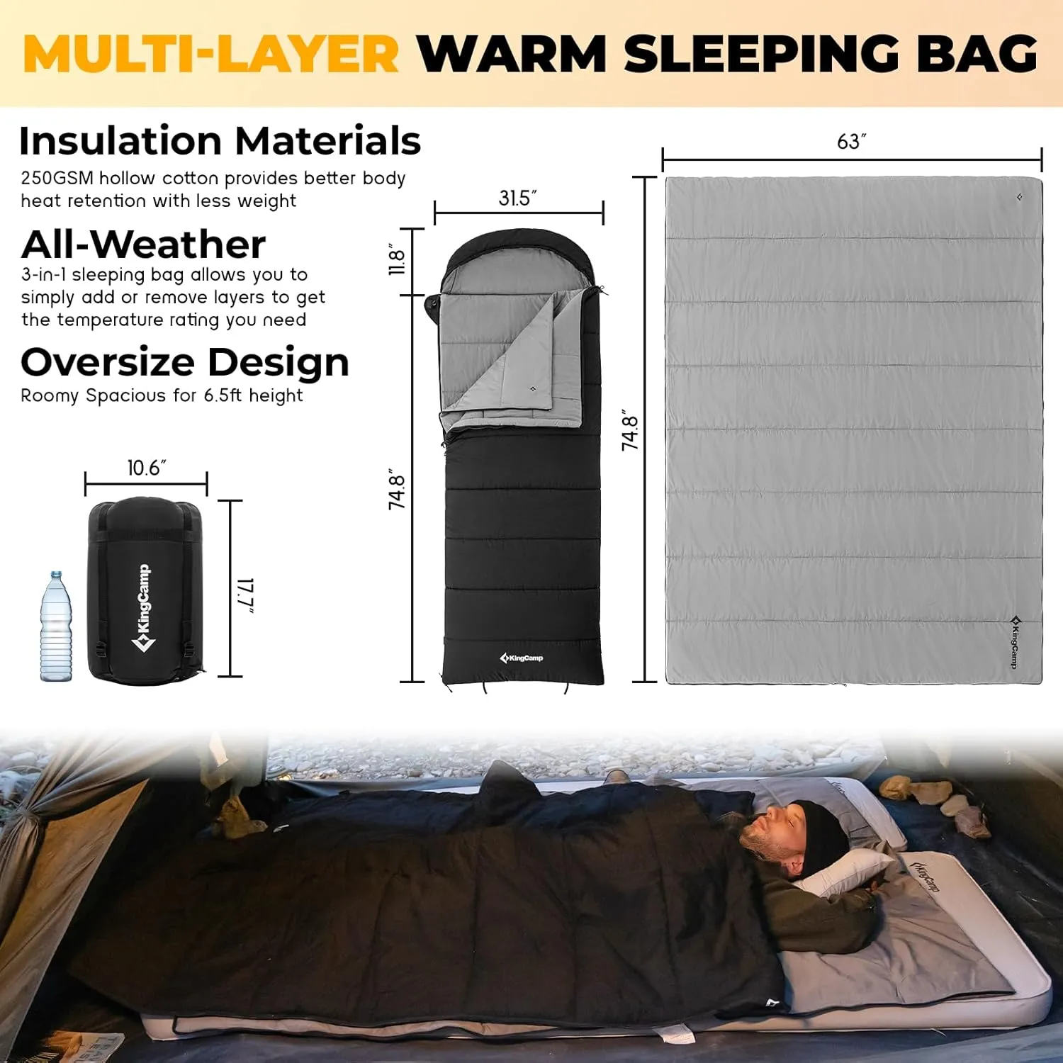 KingCamp 3-in-1 Sleeping Bag for Adults Cold & Warm Weather, XL Size for Big & Tall Individuals, Waterproof, Flannel Lining, Extra Length-Ideal for Camping & Backpacking
