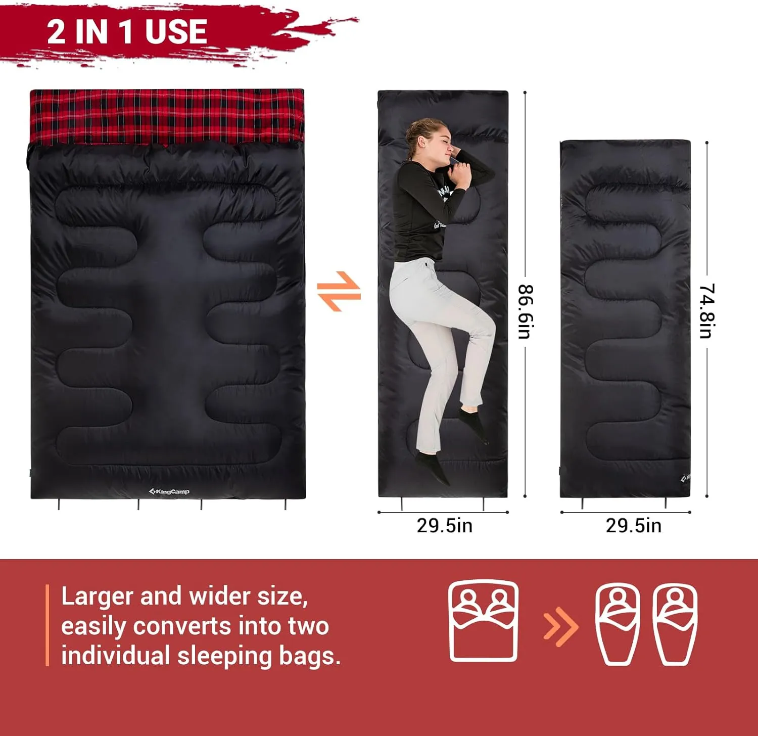 KingCamp Double Sleeping Bag for Adults, Queen Size 2 Person XXL Flannel Sleeping Bag, Waterproof Lightweight Flannel Quilt with 2 Pillows, Perfect for Couples Family Camping Hiking