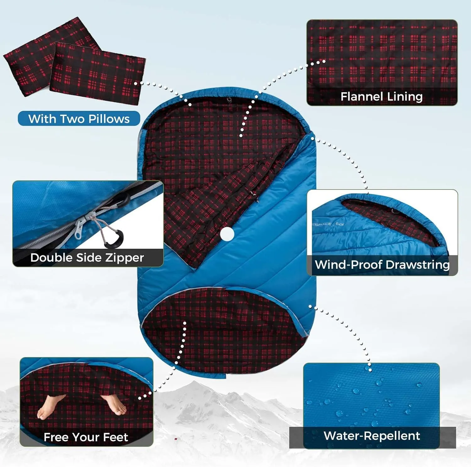 KingCamp Double Sleeping Bag for Adults, Queen Size 2 Person XXL Flannel Sleeping Bag, Waterproof Lightweight Flannel Quilt with 2 Pillows, Perfect for Couples Family Camping Hiking