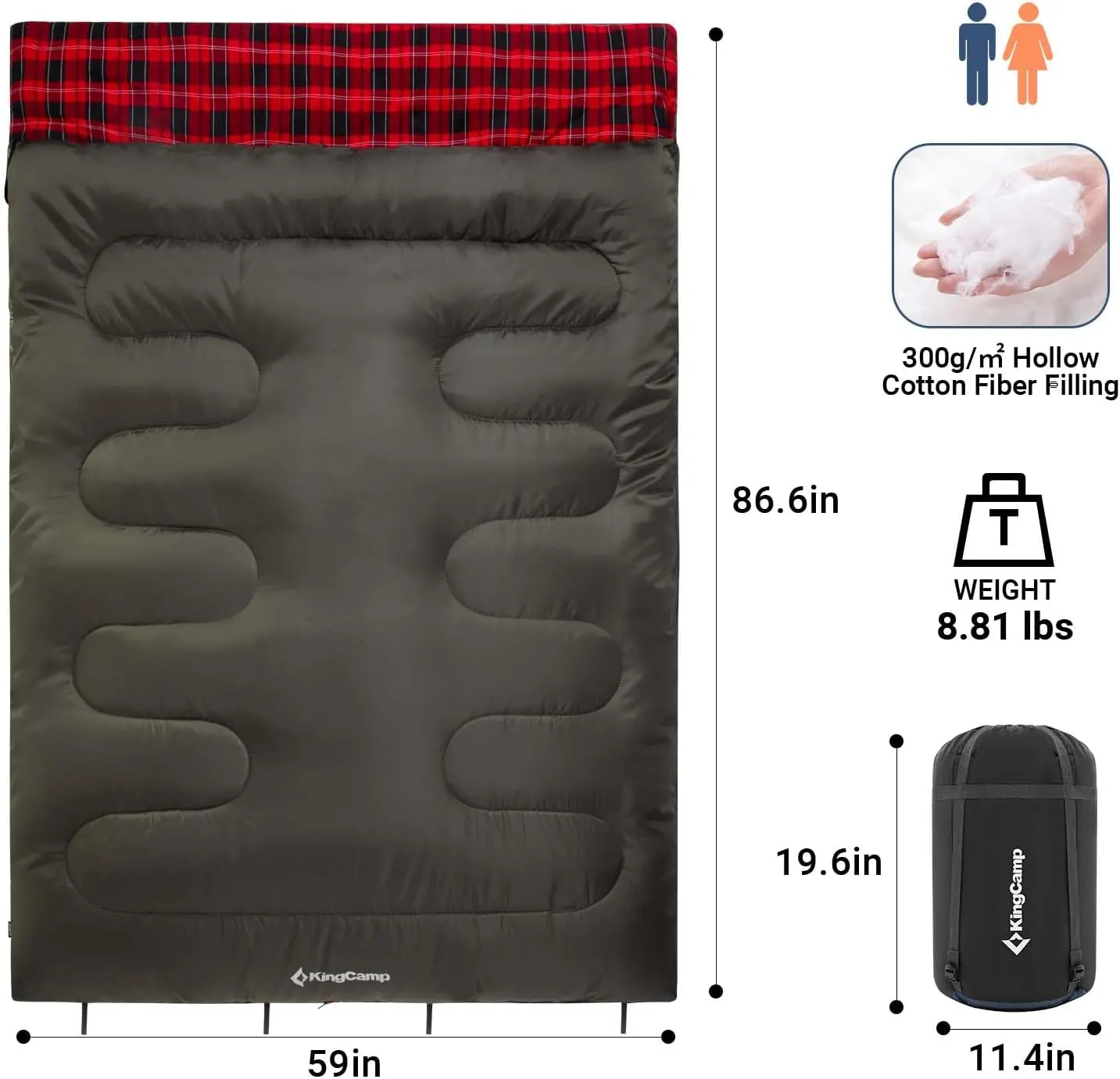 KingCamp Double Sleeping Bag for Adults, Queen Size 2 Person XXL Flannel Sleeping Bag, Waterproof Lightweight Flannel Quilt with 2 Pillows, Perfect for Couples Family Camping Hiking