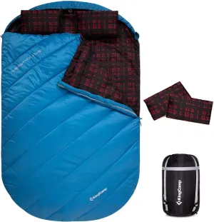 KingCamp Double Sleeping Bag for Adults, Queen Size 2 Person XXL Flannel Sleeping Bag, Waterproof Lightweight Flannel Quilt with 2 Pillows, Perfect for Couples Family Camping Hiking