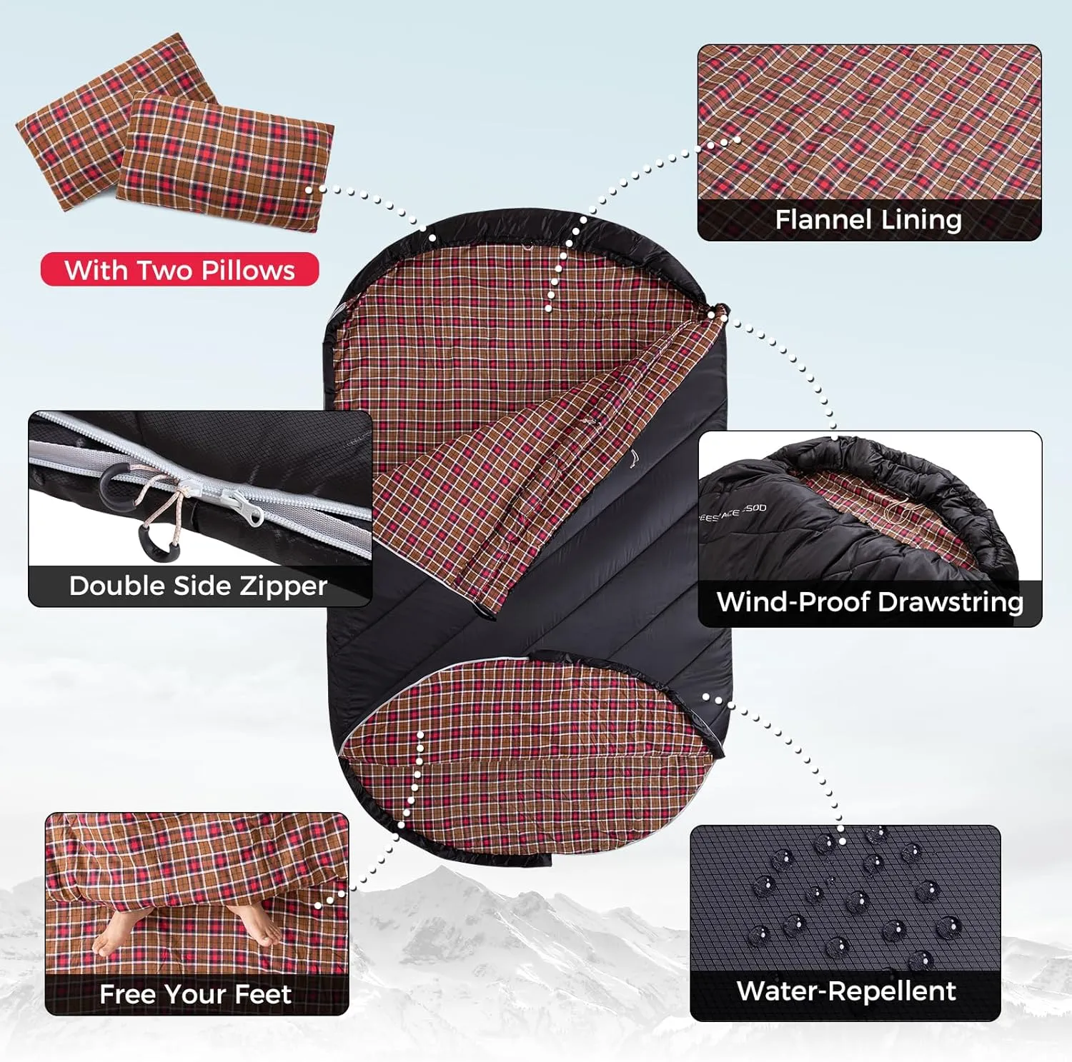 KingCamp Double Sleeping Bag for Adults, Queen Size 2 Person XXL Flannel Sleeping Bag, Waterproof Lightweight Flannel Quilt with 2 Pillows, Perfect for Couples Family Camping Hiking
