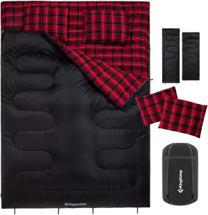 KingCamp Double Sleeping Bag for Adults, Queen Size 2 Person XXL Flannel Sleeping Bag, Waterproof Lightweight Flannel Quilt with 2 Pillows, Perfect for Couples Family Camping Hiking