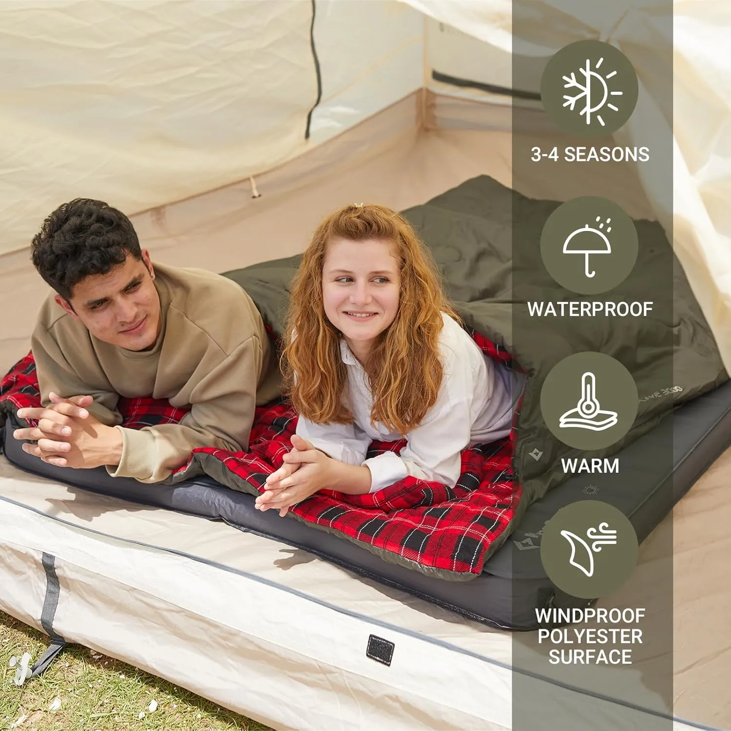 KingCamp Double Sleeping Bag for Adults, Queen Size 2 Person XXL Flannel Sleeping Bag, Waterproof Lightweight Flannel Quilt with 2 Pillows, Perfect for Couples Family Camping Hiking