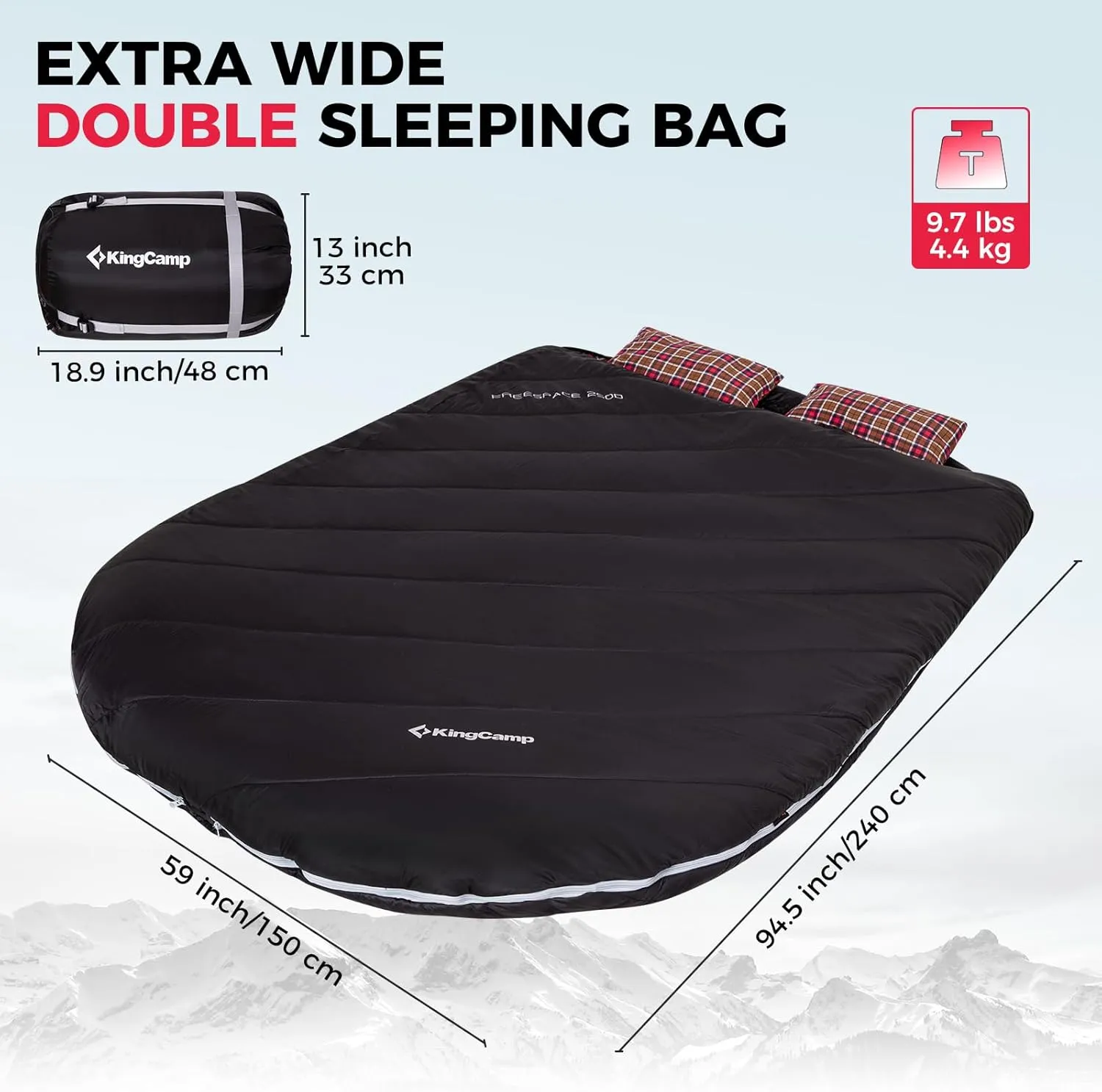 KingCamp Double Sleeping Bag for Adults, Queen Size 2 Person XXL Flannel Sleeping Bag, Waterproof Lightweight Flannel Quilt with 2 Pillows, Perfect for Couples Family Camping Hiking