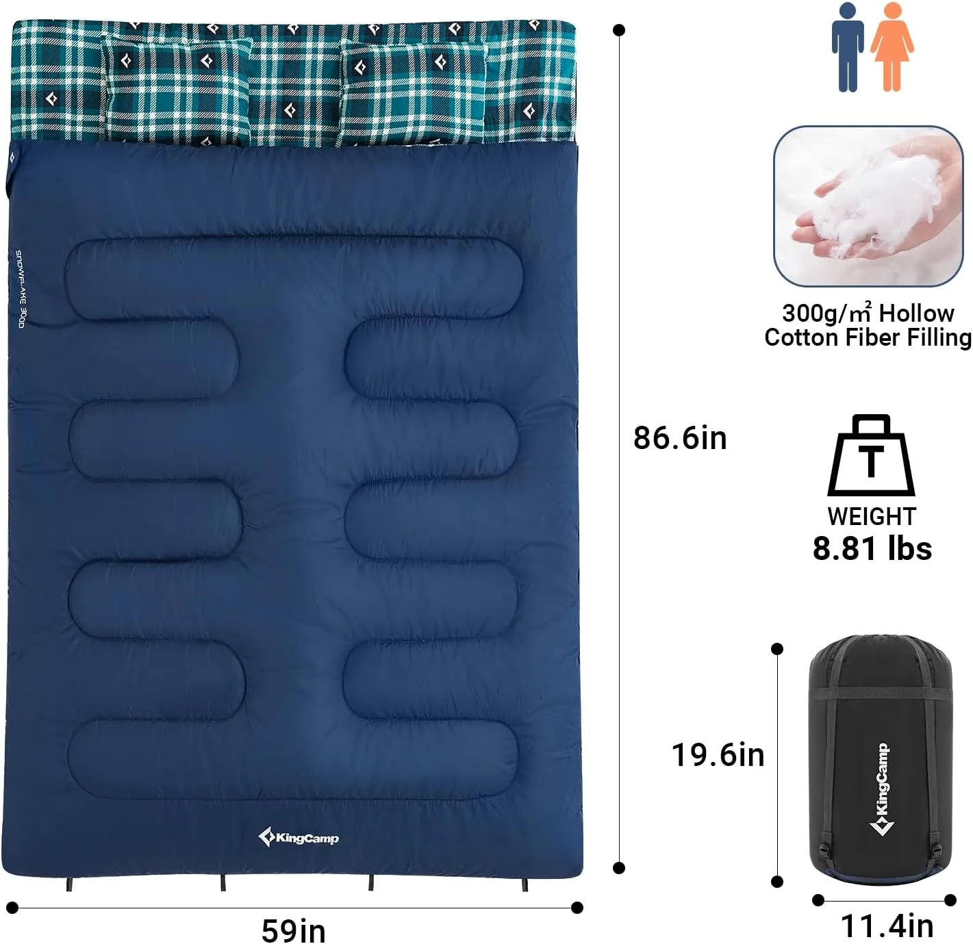KingCamp Double Sleeping Bag for Adults, Queen Size 2 Person XXL Flannel Sleeping Bag, Waterproof Lightweight Flannel Quilt with 2 Pillows, Perfect for Couples Family Camping Hiking