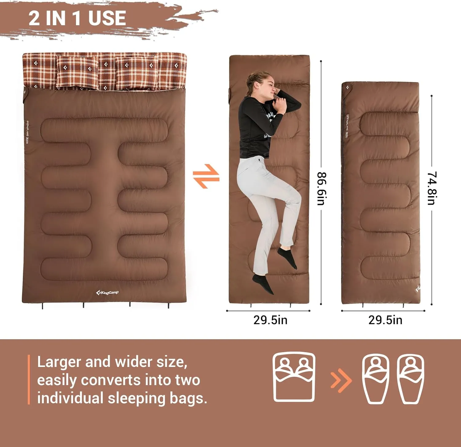 KingCamp Double Sleeping Bag for Adults, Queen Size 2 Person XXL Flannel Sleeping Bag, Waterproof Lightweight Flannel Quilt with 2 Pillows, Perfect for Couples Family Camping Hiking