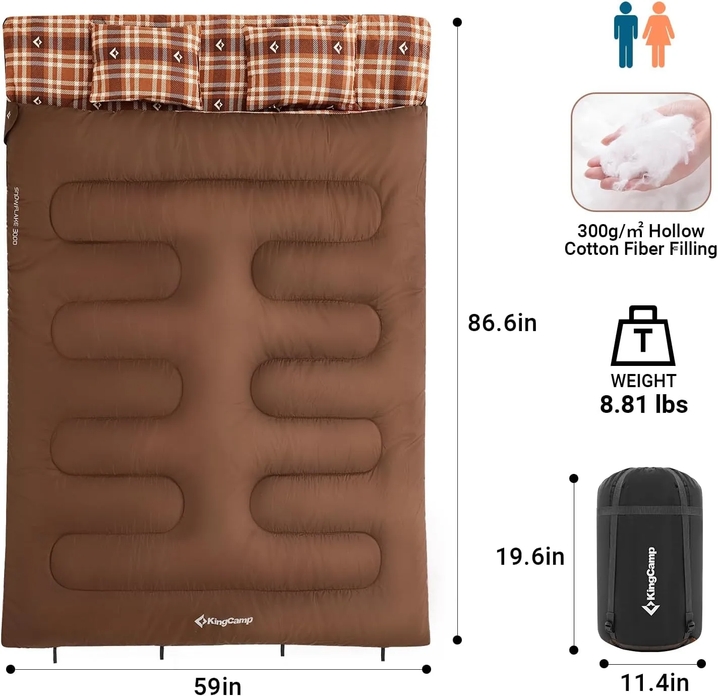 KingCamp Double Sleeping Bag for Adults, Queen Size 2 Person XXL Flannel Sleeping Bag, Waterproof Lightweight Flannel Quilt with 2 Pillows, Perfect for Couples Family Camping Hiking