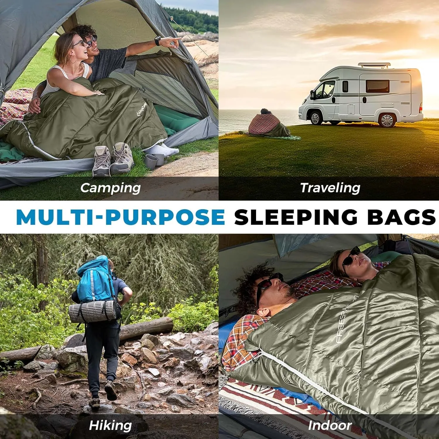 KingCamp Double Sleeping Bag for Adults, Queen Size 2 Person XXL Flannel Sleeping Bag, Waterproof Lightweight Flannel Quilt with 2 Pillows, Perfect for Couples Family Camping Hiking