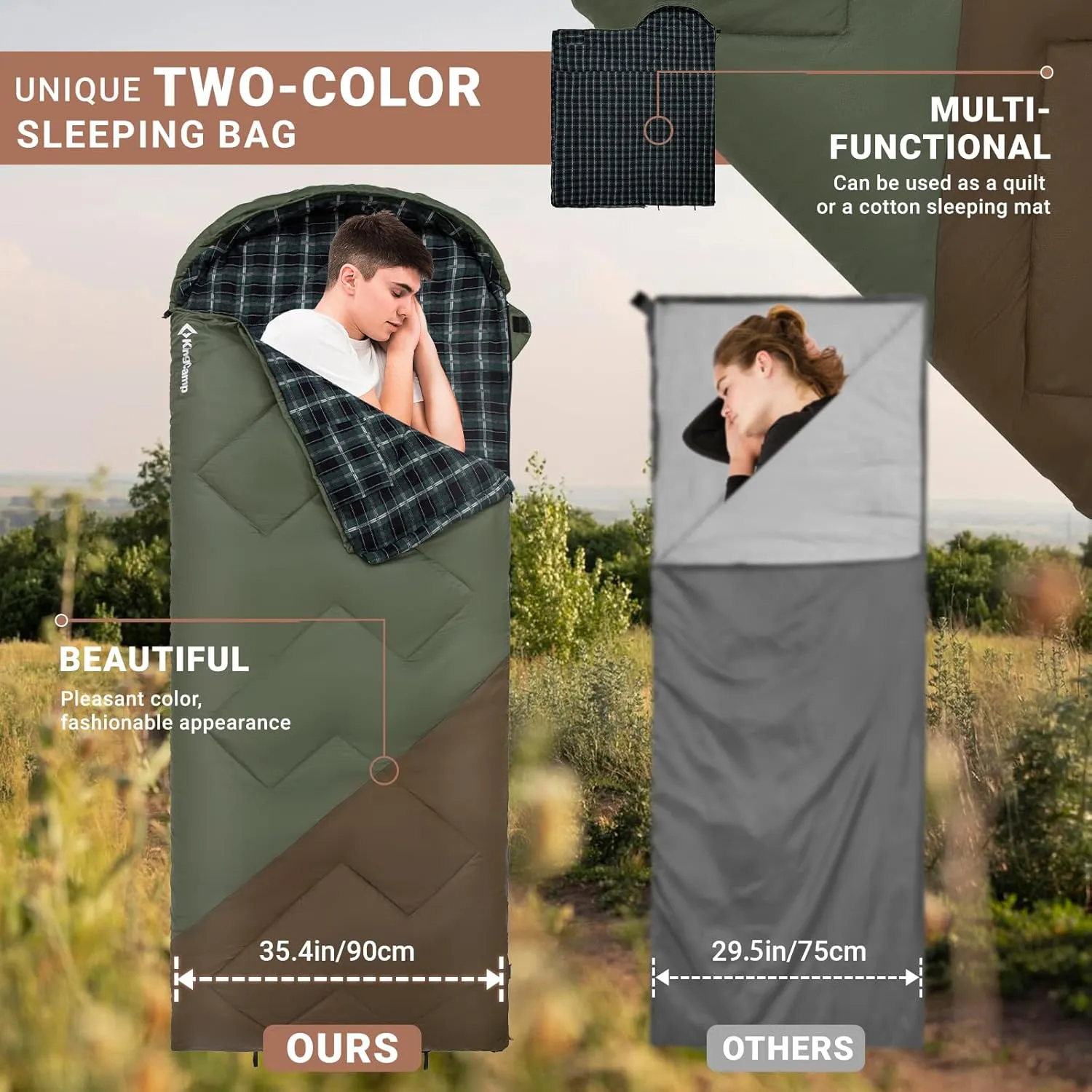 KingCamp Sleeping Bag for Adults, Cold Weather & Warm XL Big and Tall Flannel Sleeping Bags with Compression Sack Portable Waterproof Essentials Gear Accessories for Outdoor Camping