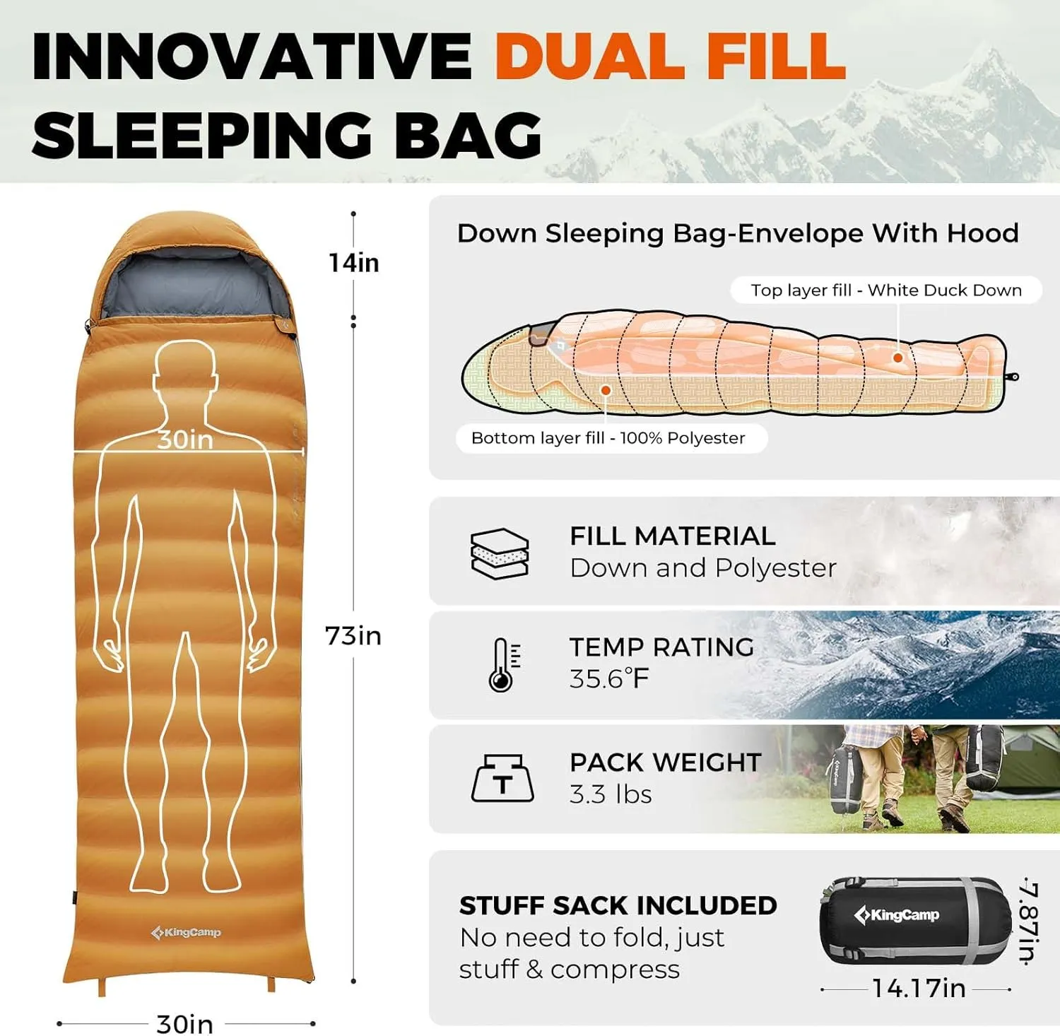 KingCamp Sleeping-Bags Down Sleeping Bag for Adults, Recycled 700 FP Cold Weather 3-4 Season Sleeping Bag