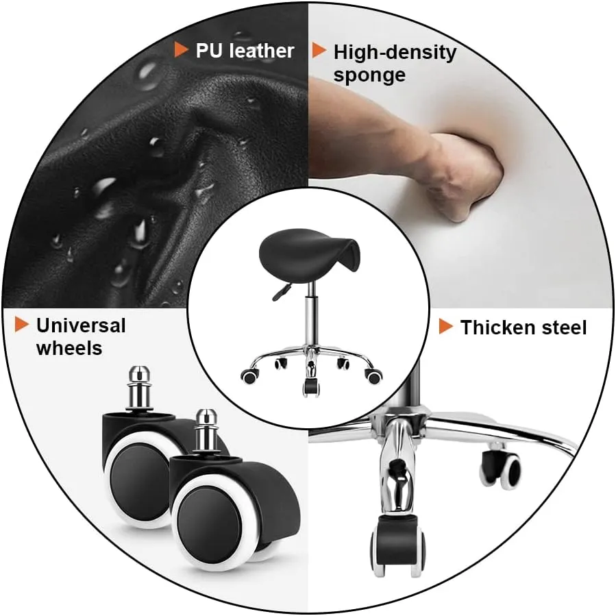 KKTONER Rolling Saddle Stool PU Leather Swivel Adjustable Rolling Stool with Wheels Salon Chair Black