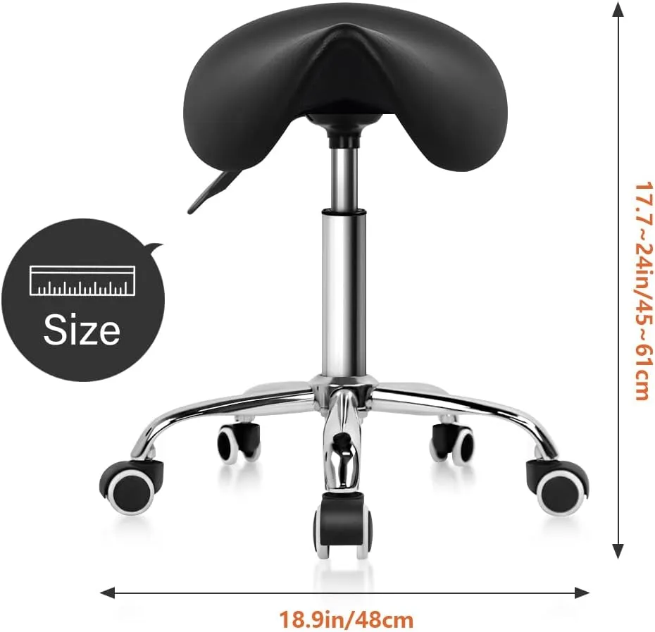 KKTONER Rolling Saddle Stool PU Leather Swivel Adjustable Rolling Stool with Wheels Salon Chair Black