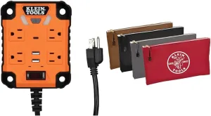 Klein Tools 29601 Magnetic Power Strip with Surge Protector, Extension Cord & 5141 Zipper Tool Bag, Canvas Zipper Bag, Tool Pouch, Tool Bag, Utility Bag, Bank Deposit Bag