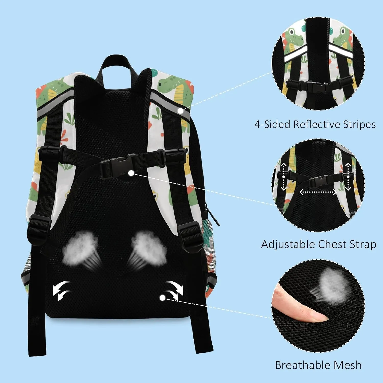 KLL Cute Cartoon Crocodile Alligator Baby Children Preschool Backpack Lightweight Mini Bookbag with Reflective Strips Travel
