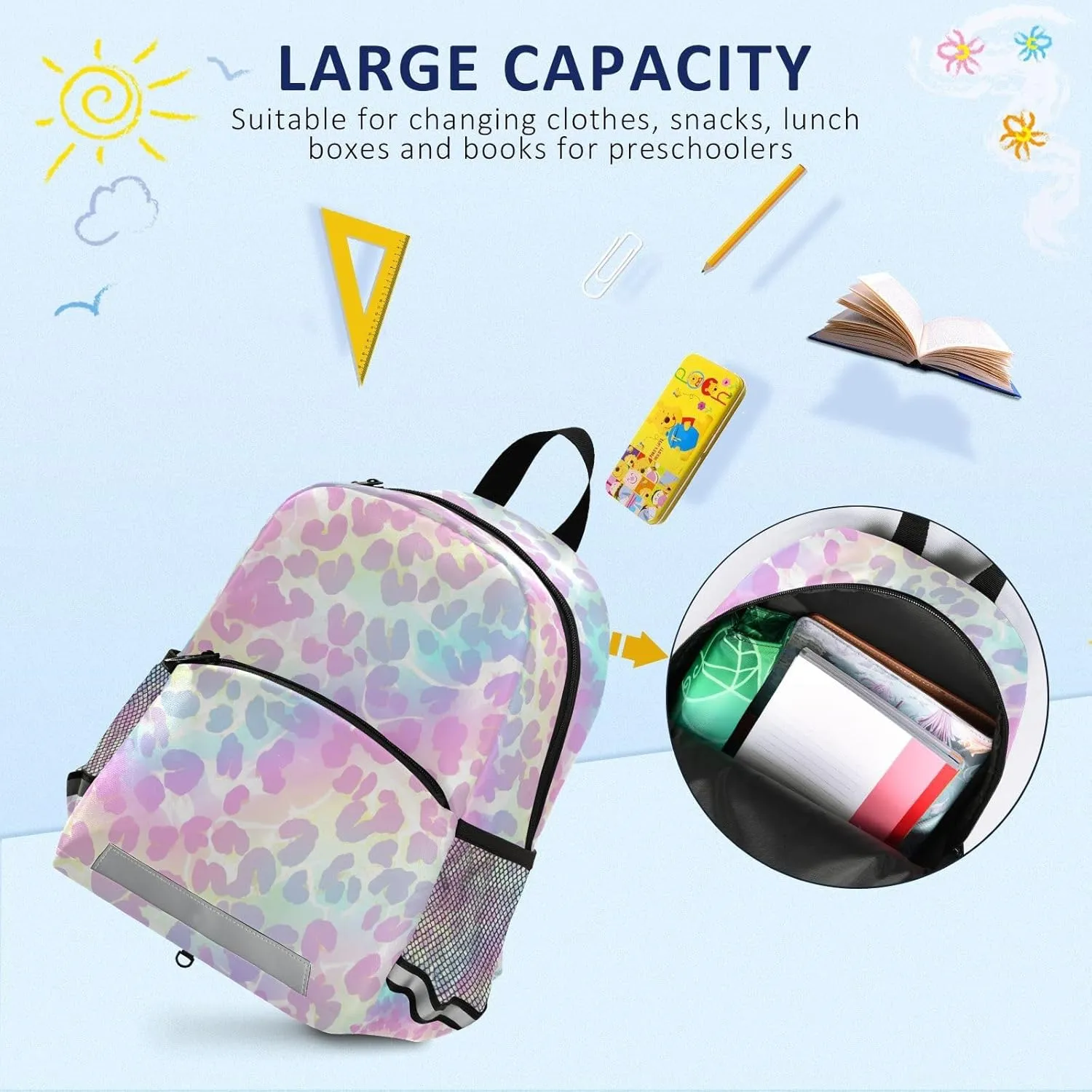 KLL Cute Little Girls Backpack Holographic Leopard Print on Gradient Copper Cute Travel Daypack Bookbag with Reflective