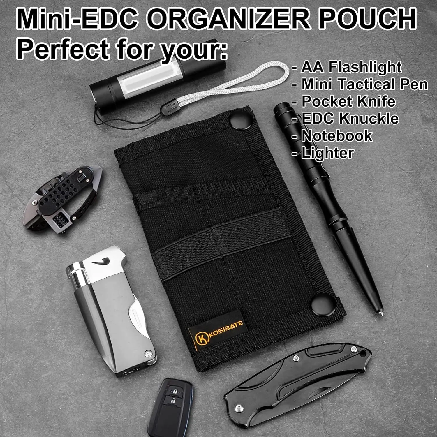 Kosibate EDC Pouch, EDC Organizer, Mini Tool Pouch for Knife/Flashlight/Tactical Pen/Card-Men's Slim Pocket Organizer for Daily Carry (Black)