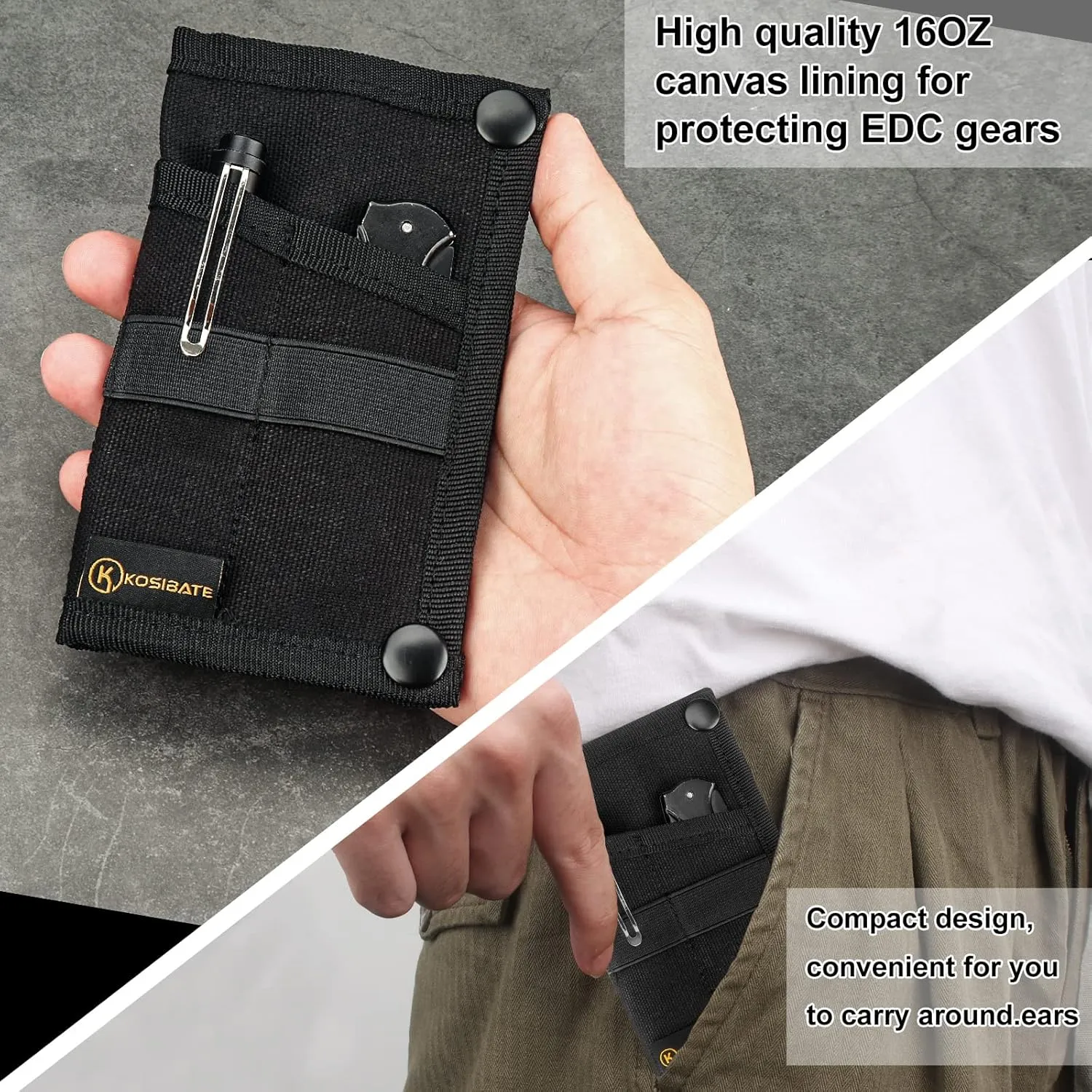 Kosibate EDC Pouch, EDC Organizer, Mini Tool Pouch for Knife/Flashlight/Tactical Pen/Card-Men's Slim Pocket Organizer for Daily Carry (Black)