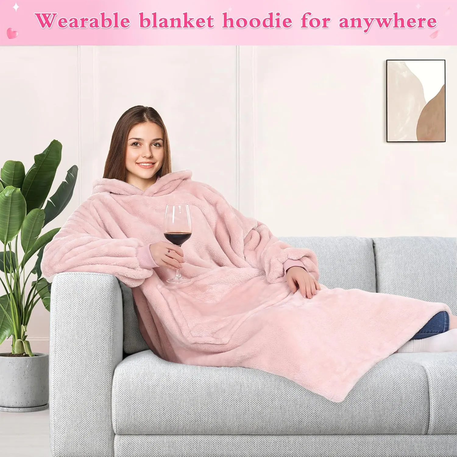 KPBLIS Wearable Blanket Hoodie Gifts for Women and Men, Oversized Hooded Blankets Sweatshirt Adult Birthday Gifts for Mom Girlfriend Gifts, Cozy Fleece Blanket with Sleeves and Giant Pocket, Pink