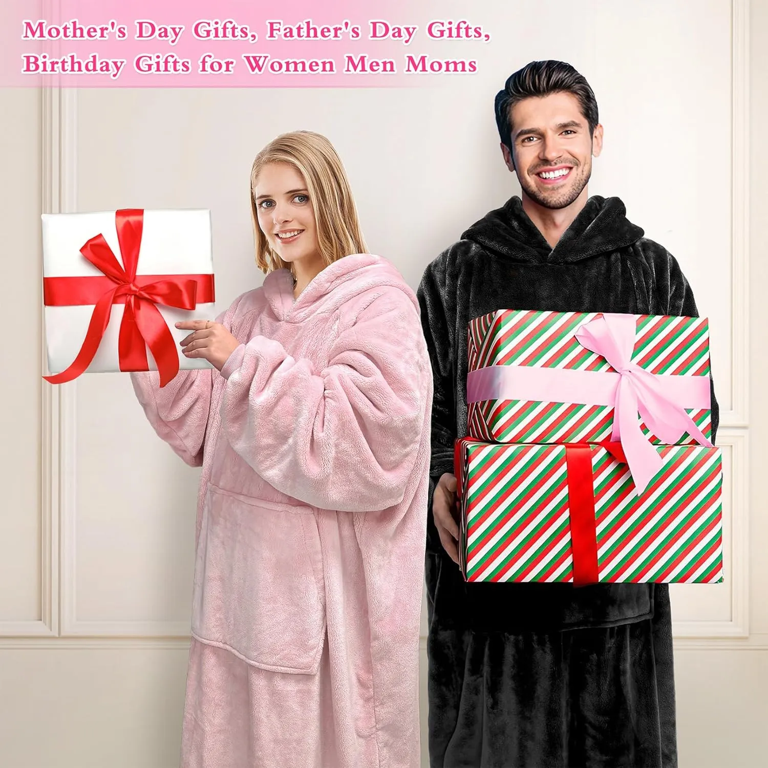 KPBLIS Wearable Blanket Hoodie Gifts for Women and Men, Oversized Hooded Blankets Sweatshirt Adult Birthday Gifts for Mom Girlfriend Gifts, Cozy Fleece Blanket with Sleeves and Giant Pocket, Pink