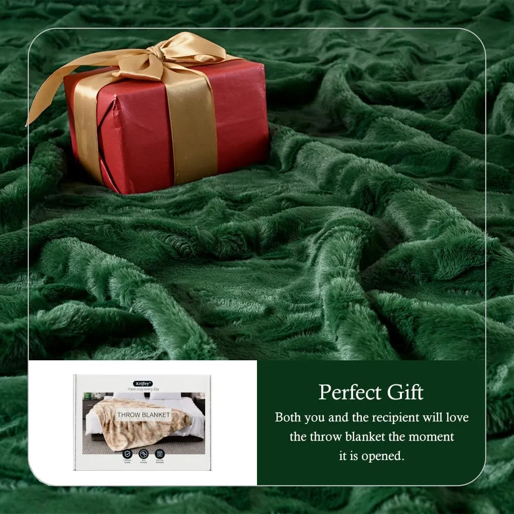 Krifey Faux Fur Throw Blanket, Super Soft Cozy Blanket, Luxury Fluffy Blanket Warm Bed Throw, Plush Christmas Blanket Gift for Women, Dark Green, 50" x 60"