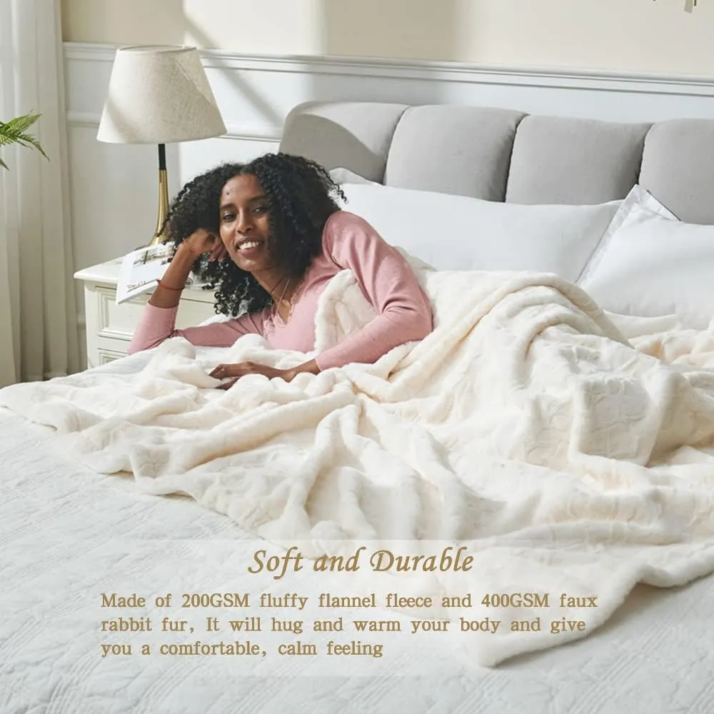 Krifey Oversized Faux Fur Blanket, Super Soft Cozy Blanket, Luxury Fluffy Throw Blanket Fuzzy Bed Throw, Plush Christmas Blanket Gift for Women, Cream 60" x 80"