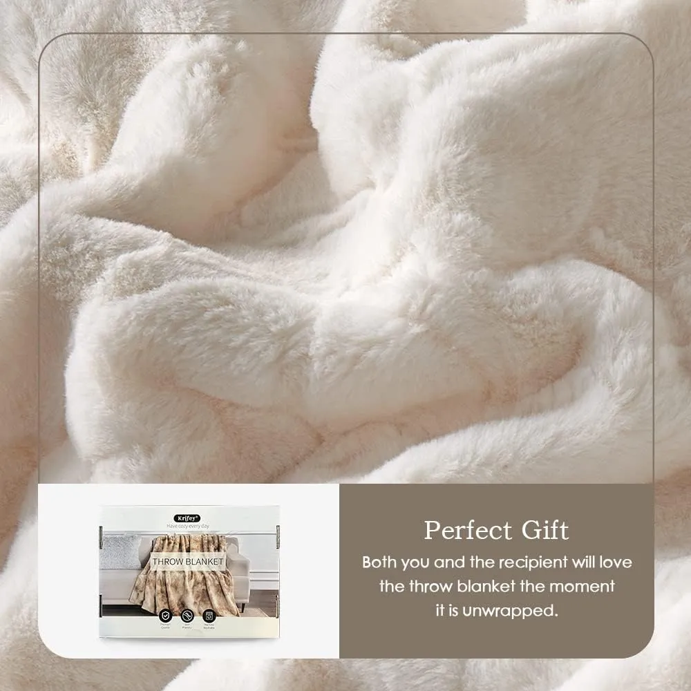 Krifey Oversized Faux Fur Blanket, Super Soft Cozy Blanket, Luxury Fluffy Throw Blanket Fuzzy Bed Throw, Plush Christmas Blanket Gift for Women, Cream 60" x 80"