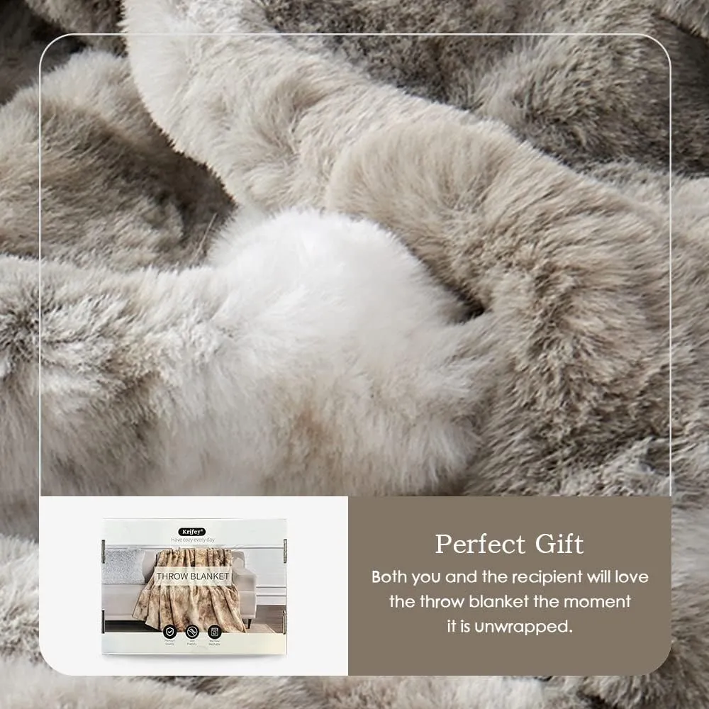 Krifey Oversized Faux Fur Blanket, Super Soft Cozy Blanket, Luxury Fluffy Throw Blanket Fuzzy Bed Throw, Plush Christmas Blanket Gift for Women, Marbled Gray 60" x 80"