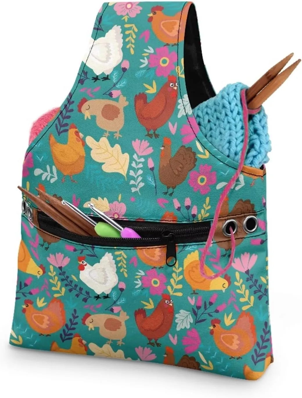 KUIFORTI Boho Yarn Bag Cute Chicken Knitting Needles Holder Bag Yarn Project Bag Needlework Tool Tote Bag with Front Zipper Pocket Lightweight Casual Shopping Handbag Small Size