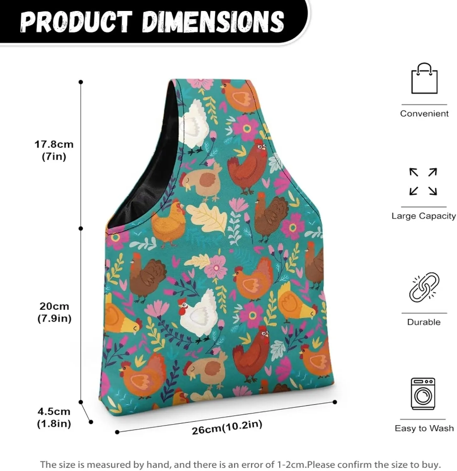 KUIFORTI Boho Yarn Bag Cute Chicken Knitting Needles Holder Bag Yarn Project Bag Needlework Tool Tote Bag with Front Zipper Pocket Lightweight Casual Shopping Handbag Small Size