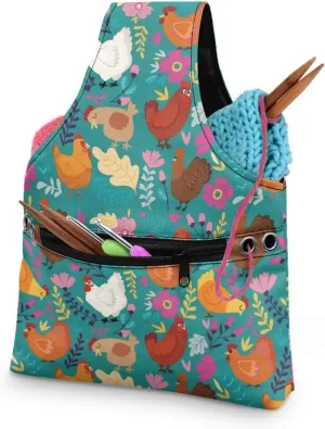 KUIFORTI Boho Yarn Bag Cute Chicken Knitting Needles Holder Bag Yarn Project Bag Needlework Tool Tote Bag with Front Zipper Pocket Lightweight Casual Shopping Handbag Small Size