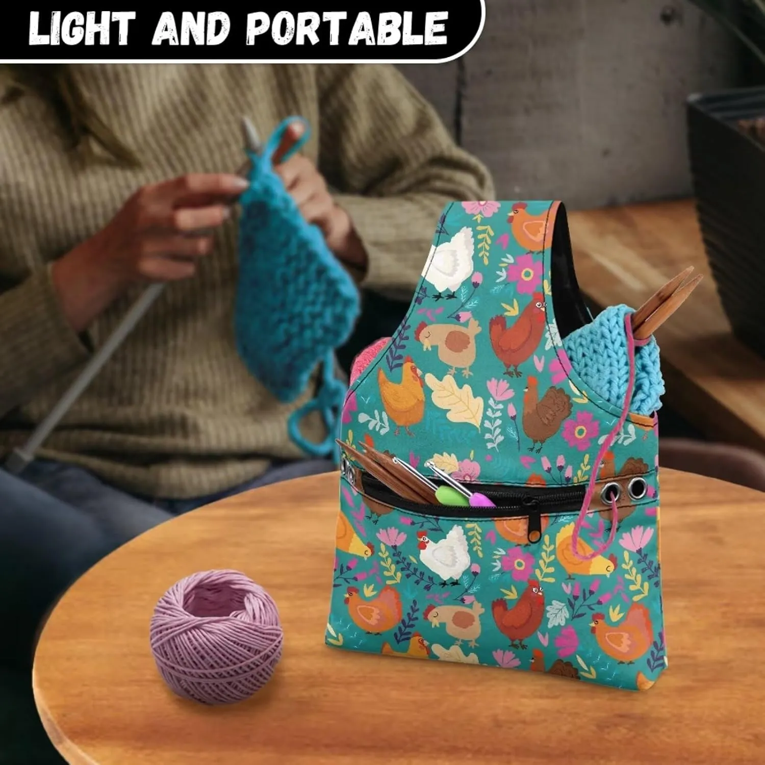KUIFORTI Boho Yarn Bag Cute Chicken Knitting Needles Holder Bag Yarn Project Bag Needlework Tool Tote Bag with Front Zipper Pocket Lightweight Casual Shopping Handbag Small Size